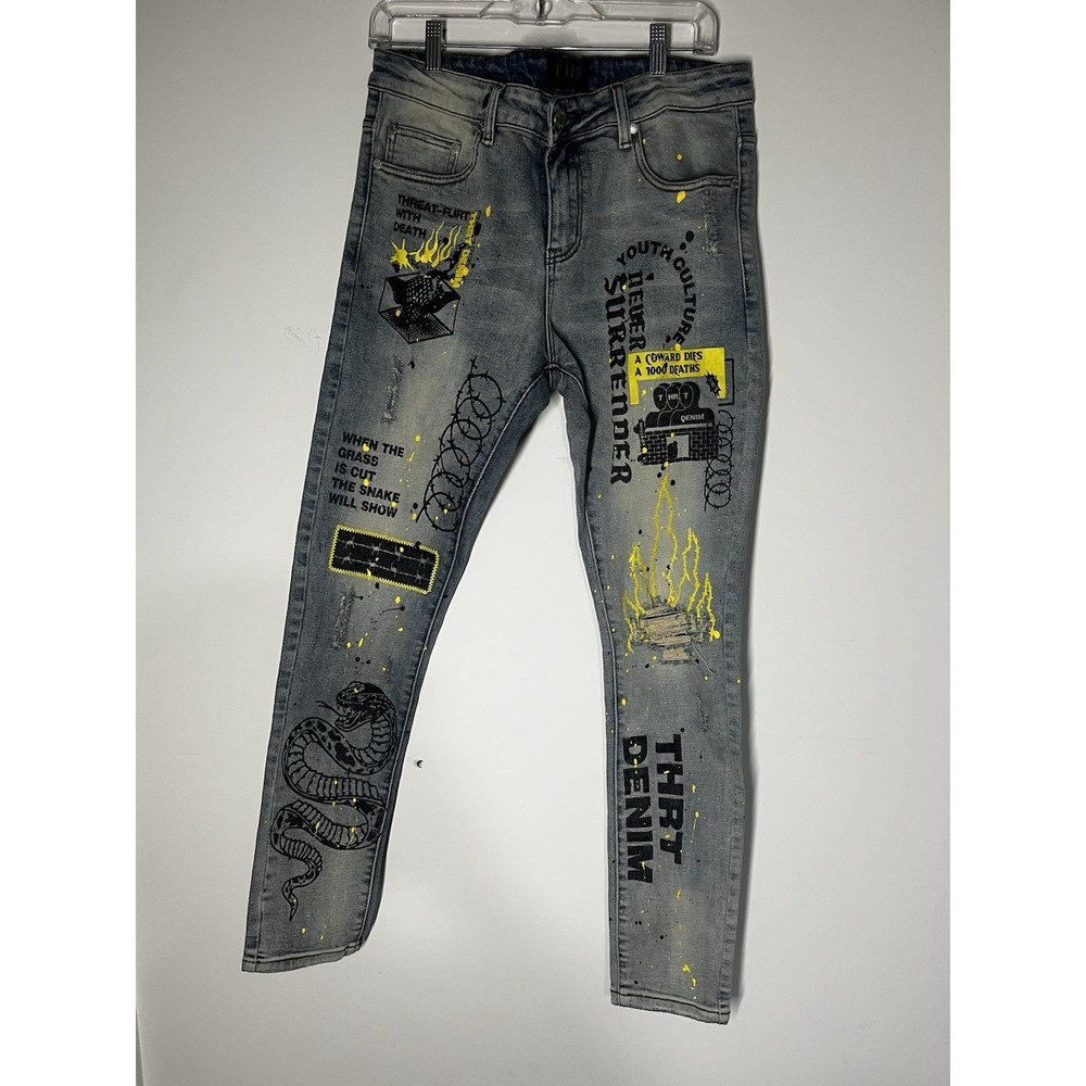 Men's THRT Denim snake graphic print jeans grey Graffiti Skinny 34